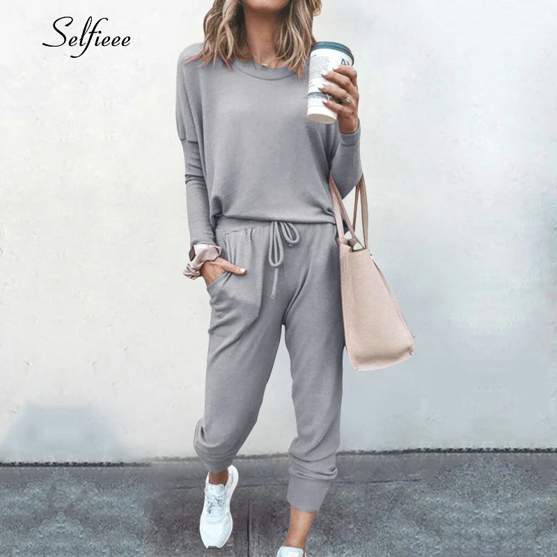 Casual Women 2 Piece Set Women's Sweat Suit Solid Color O-Neck Long Sleeve Drawstring Autumn Winter Stripe Shirt 2020 |