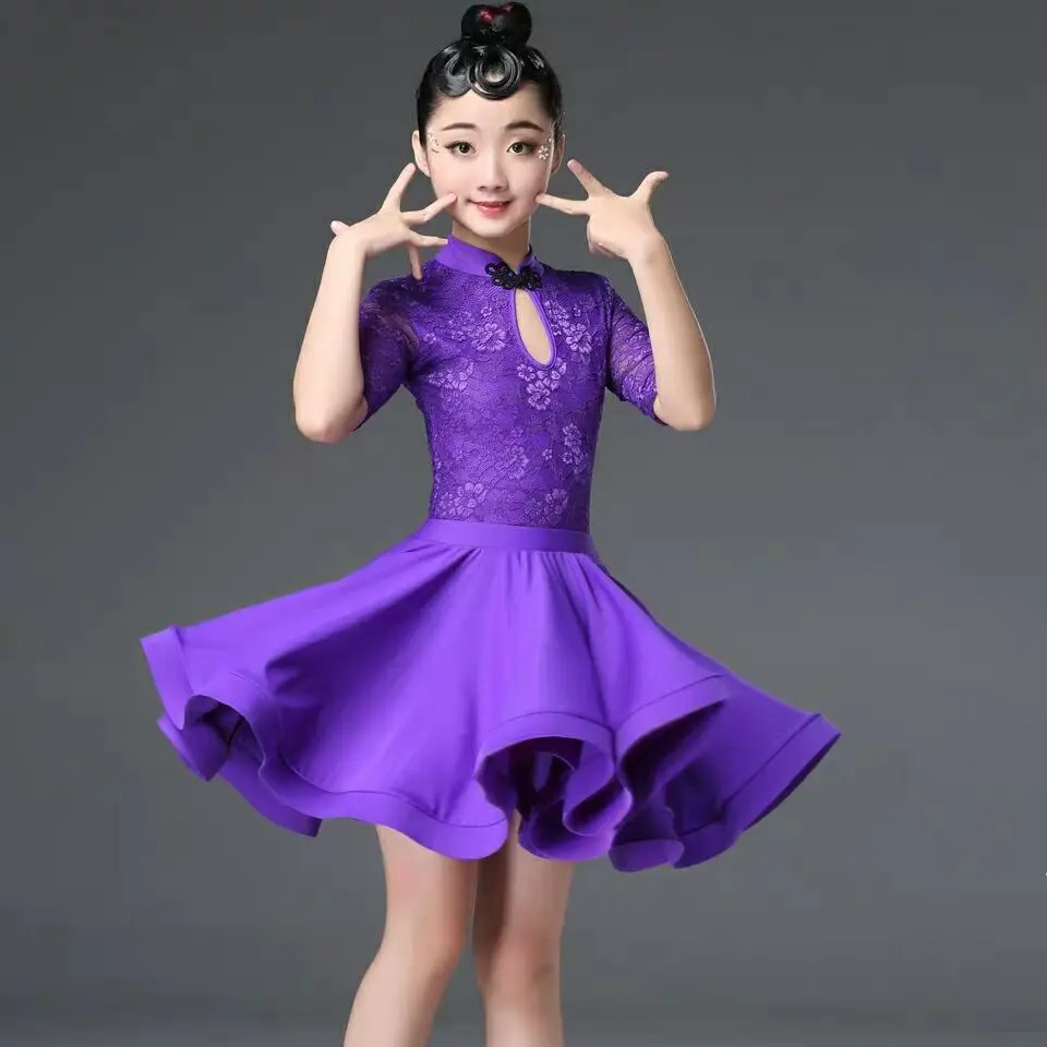 Детское платье для латинских танцев фиолетовое кружевное танцевальный костюм