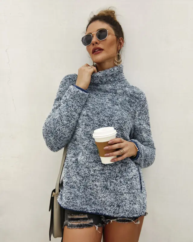 Plus Size Winter Warm Sweaters Women Clothes Long Sleeve Loose Fluffy Pullovers Jumper Outerwear Pockets High Neck Coats 3Colors | Женская