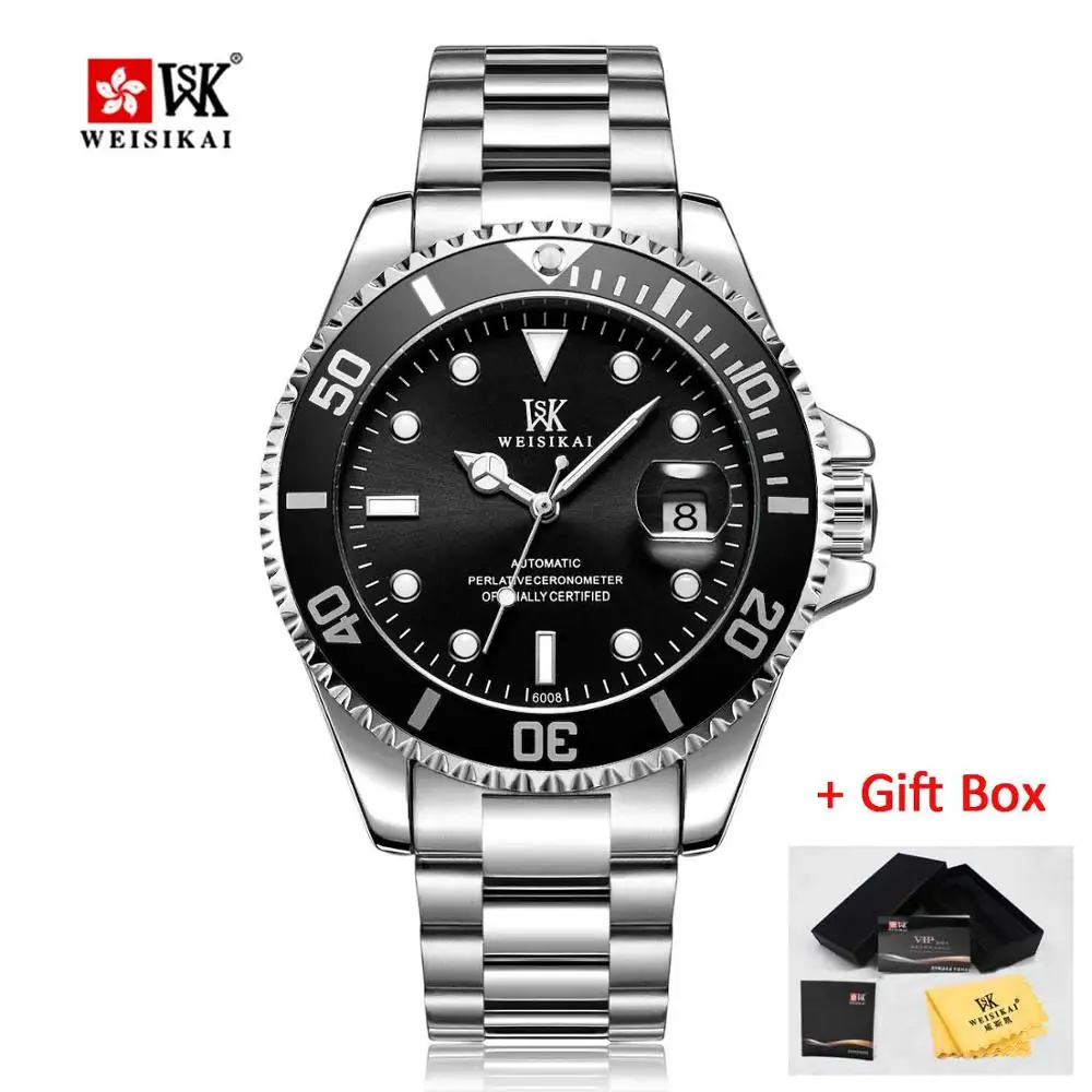 WSK silver black WEISIKAI, мужские часы для ныряльщиков, автоматические механические часы, спортивные, Топ бренд, для дайвинга, часы для мужчин, мужские наручные часы, Relogio Masculino - Цвет: WSK silver black