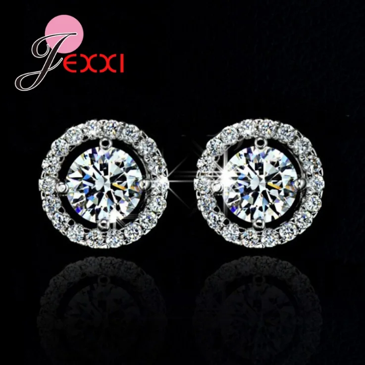 Модные женские серьги-гвоздики белые стразы круглый кристалл 925 пробы серебро