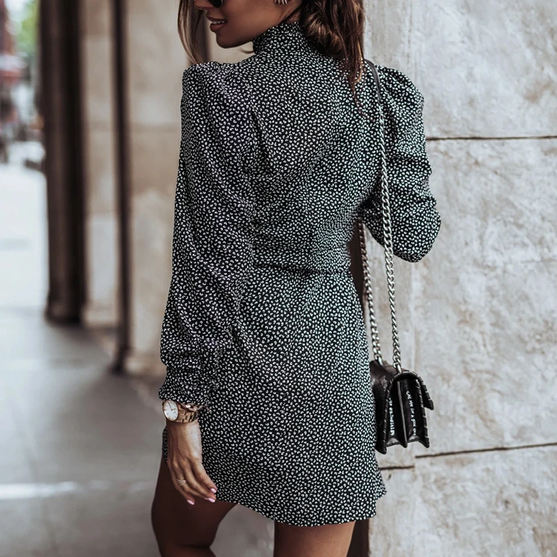 

Autumn Turtleneck Leopard Print Wrap Dress For Women Winter Casual Long Puff Sleeve Dress Sashes Elegant Mini Party Vestidos