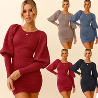 women knitted mini dress solid color long lantern sleeve o neck bodycon dresses elegant autumn winter warm sweater dress