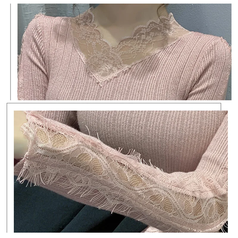 

2020 Autumn Fashion Lace Patchwork Knitting Pullovers Women's Sweater Korean Clothes Sexy V-neck Hollow Out Knit kobieta swetry