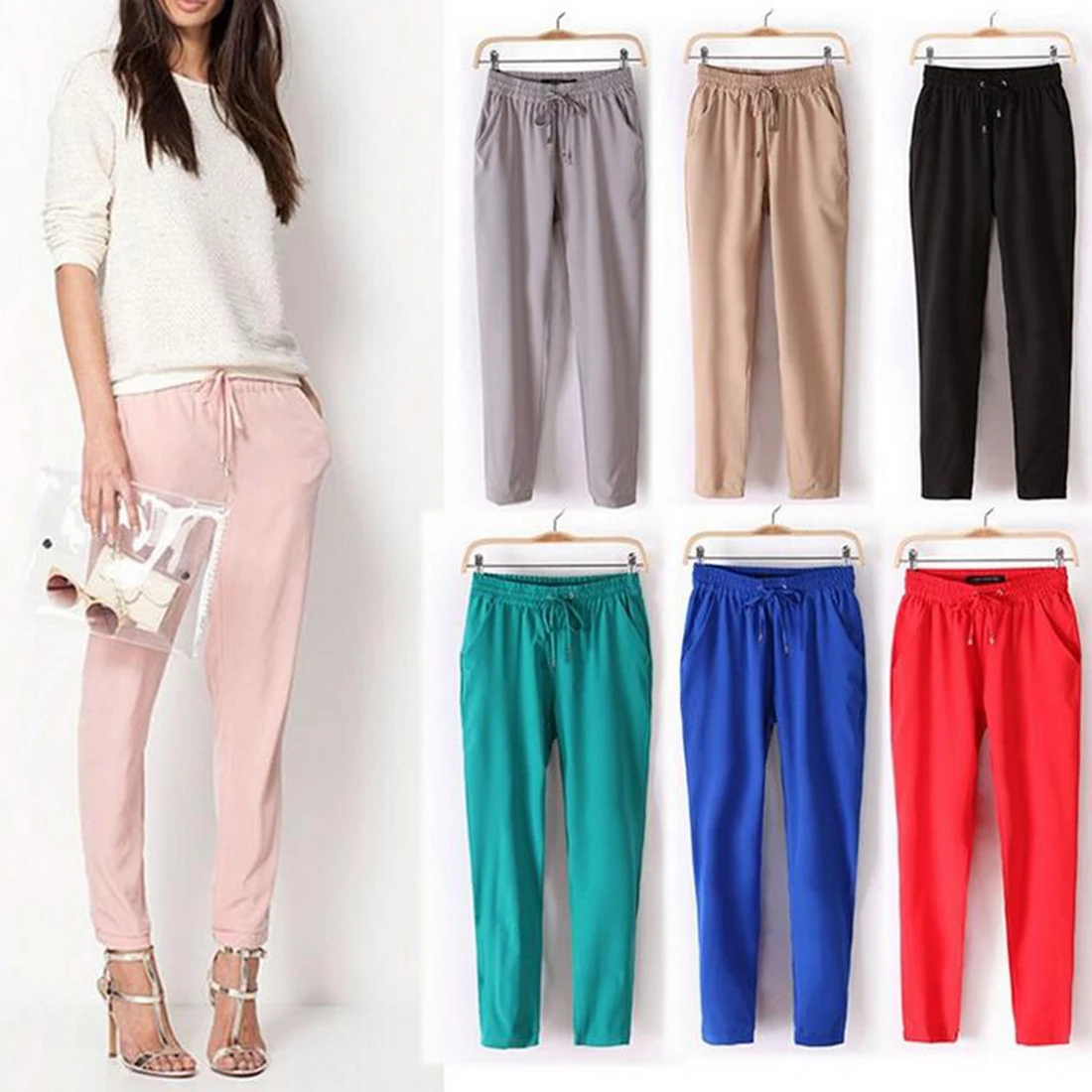 

New Spring and Autumn Casual Polyester Women's Trousers Solid Color Stretch High Waist Cropped Trousers Loose Sweatpants
