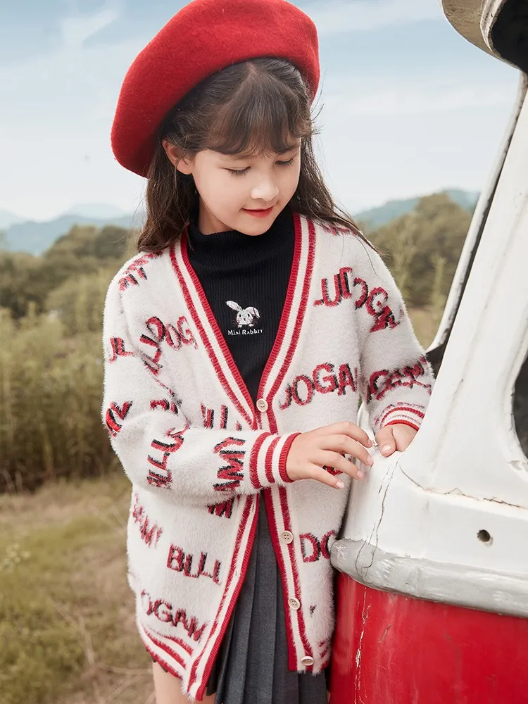 

Korean Style Knitted Sweaters For Baby Girls Cardigan Soft 100% Cotton Knit Coats Kids Knitwear 3-14y Childautumn Warm Sweater