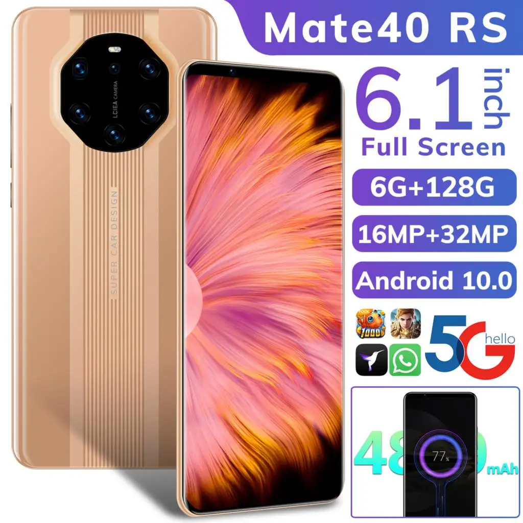 

Mate40 RS 5G LTE Smartphone 6.1 Inch Screen 4800mAh Battery Mobilephone Deca Core 6+128GB Game Phone 16+32MP Android 10.0