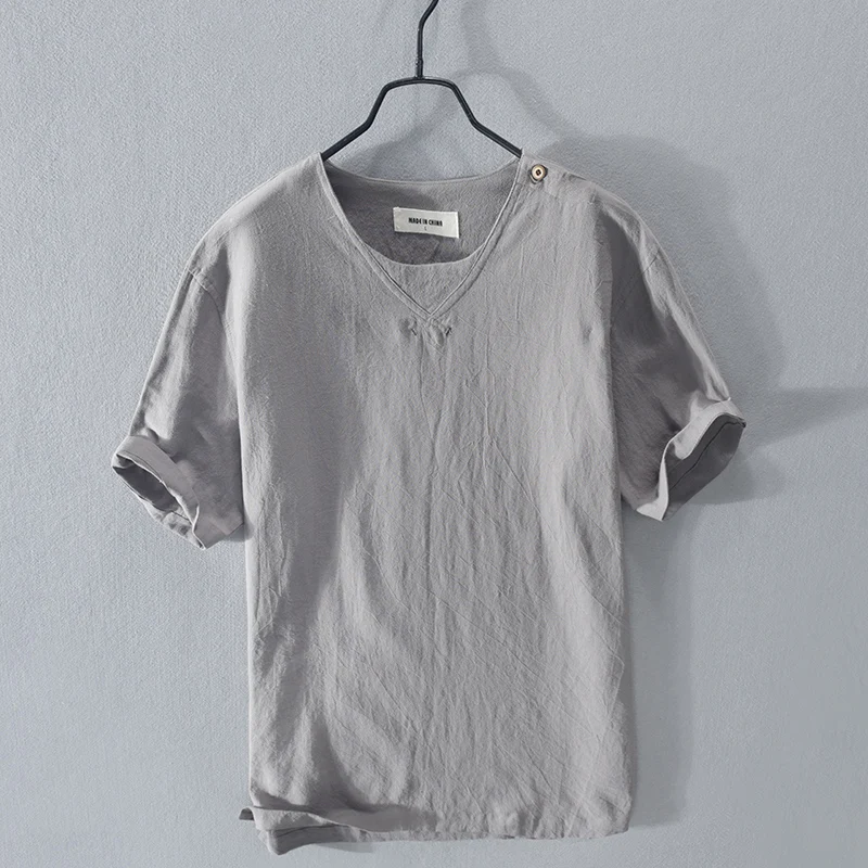 

2020 Summer wrinkle fabric linen and cotton blue t shirt men short-sleeved o-neck t-shirt for men fashion comfortable tshirts