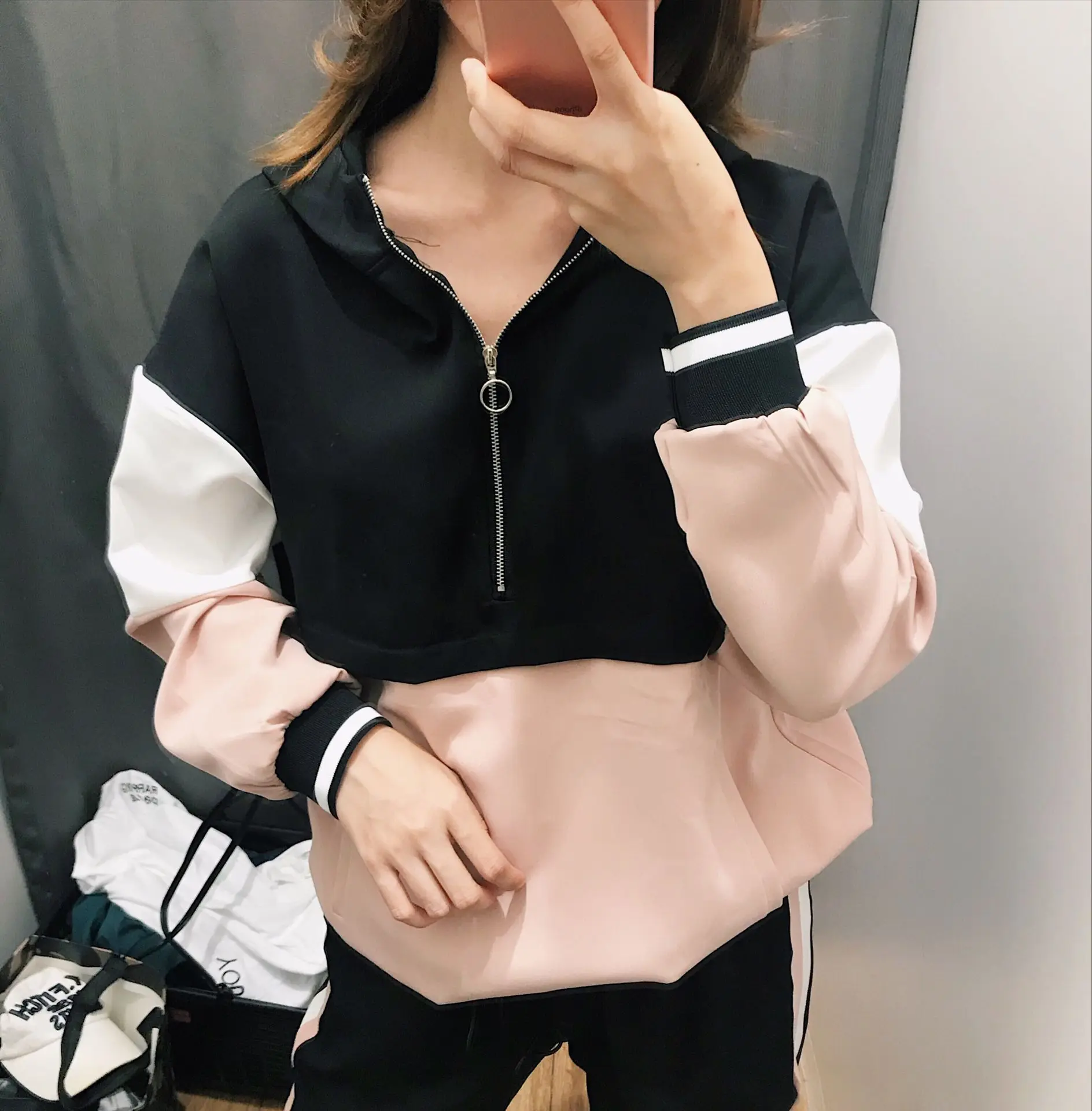 Korobov осень мода с капюшоном мозаичное яркое цветное наборы свитшотов и тонкий