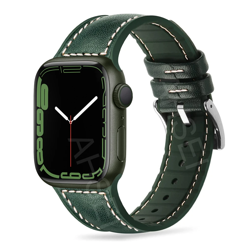 

Браслет для Apple Watch 7 Band 45 мм 41 мм, гибридный ремешок из натуральной кожи и резины для iWatch SE 6 5 4 3 2 1 40 мм 44 мм 38 мм 42 мм