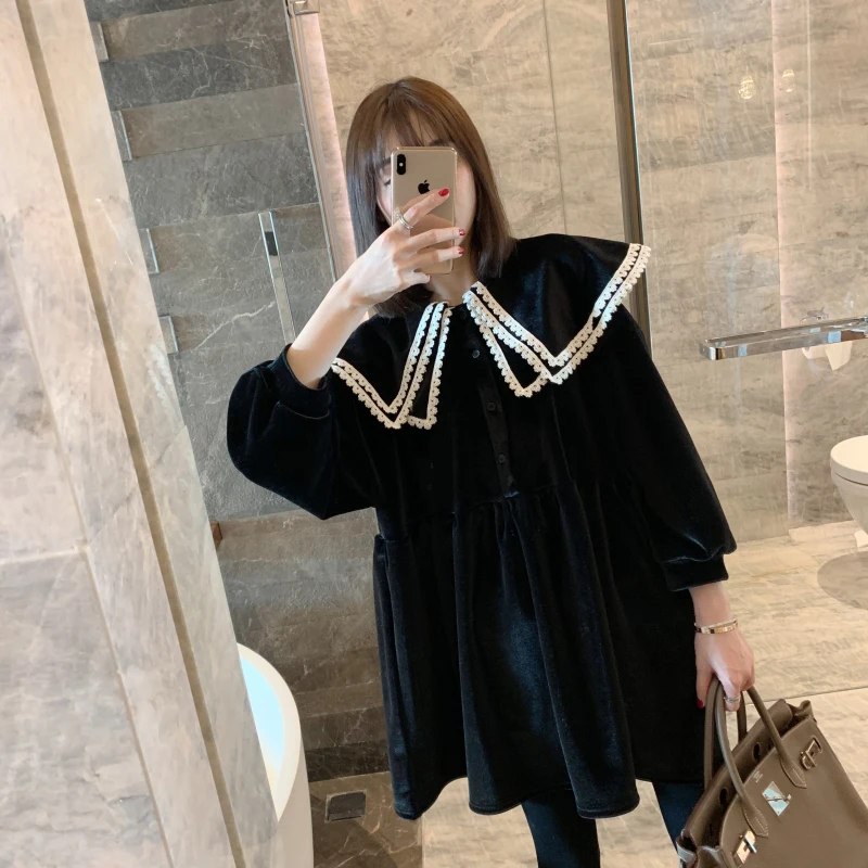 

Women Vintage Stylish Casual Japanese Wear lace Appliques Velvet Mini Dress Fashion Lapel Collar Long Sleeve Female Dresses Muj