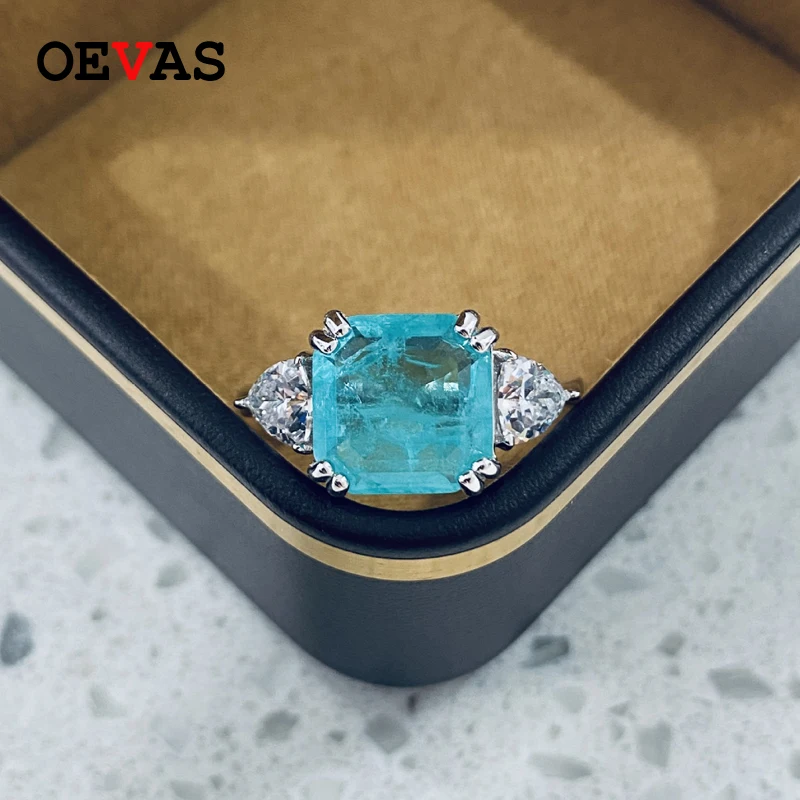 

OEVAS 100% 925 Sterling Silver 10*10mm Paraiba Tourmaline Rings For Women Sparkling High Carbon Diamond Party Fine Jewelry Gifts