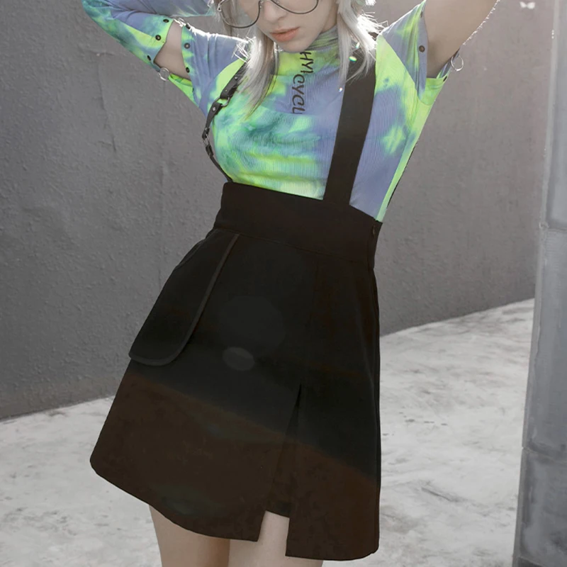 

SHENGPALAE Spring Summer 2021 New Women's High Waist Minimalist Split Slim Strap Design Big Pocket Above Knee A-line Skirt 5B580