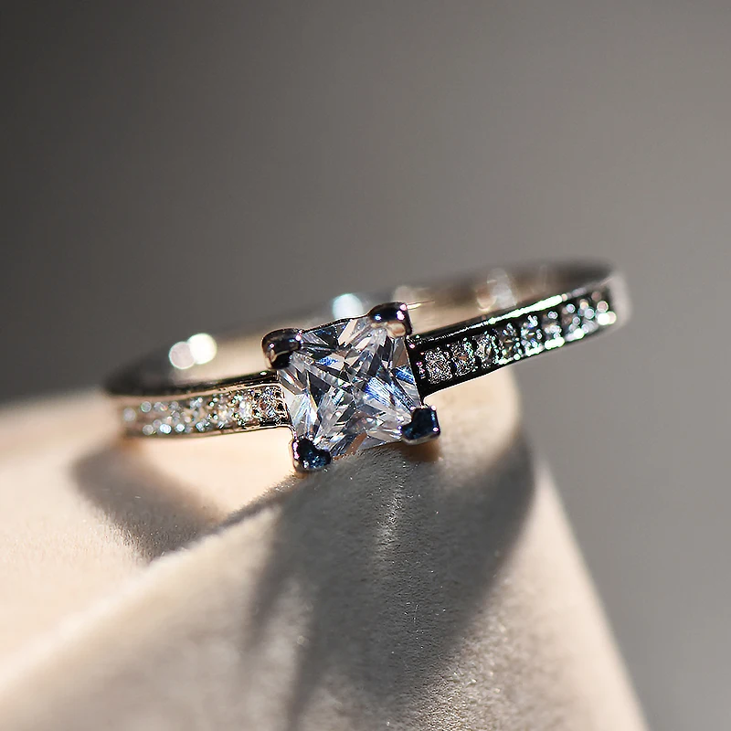 

Luxury Female White Crystal Stone Ring Charm Silver Color Wedding Rings For Women Promise Bride Square Zircon Engagement Ring