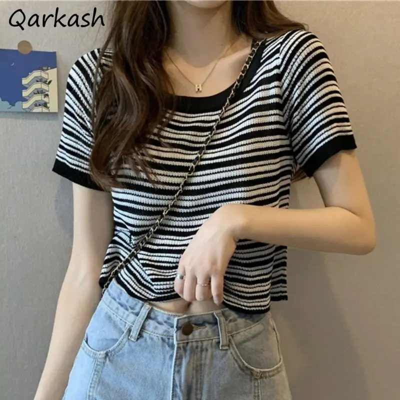 

Футболка женская с коротким рукавом, Мягкий трикотажный Универсальный винтажный Повседневный простой шикарный кроп-топ в полоску для студ...