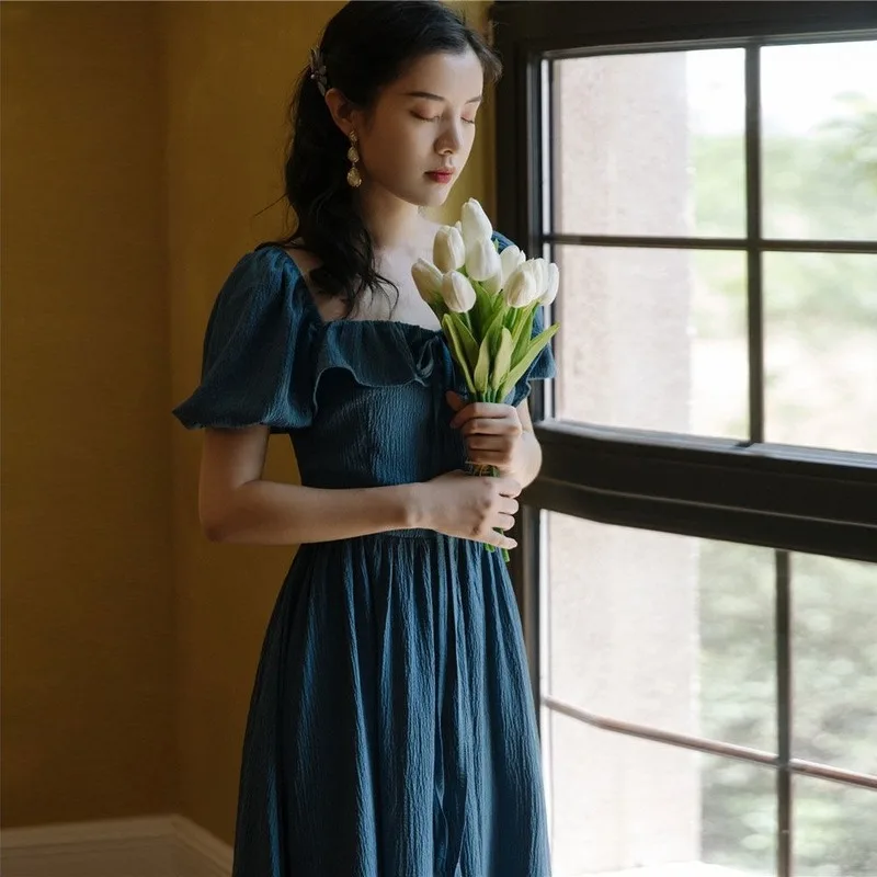 Французское элегантное женское платье в стиле ретро с квадратным воротником и