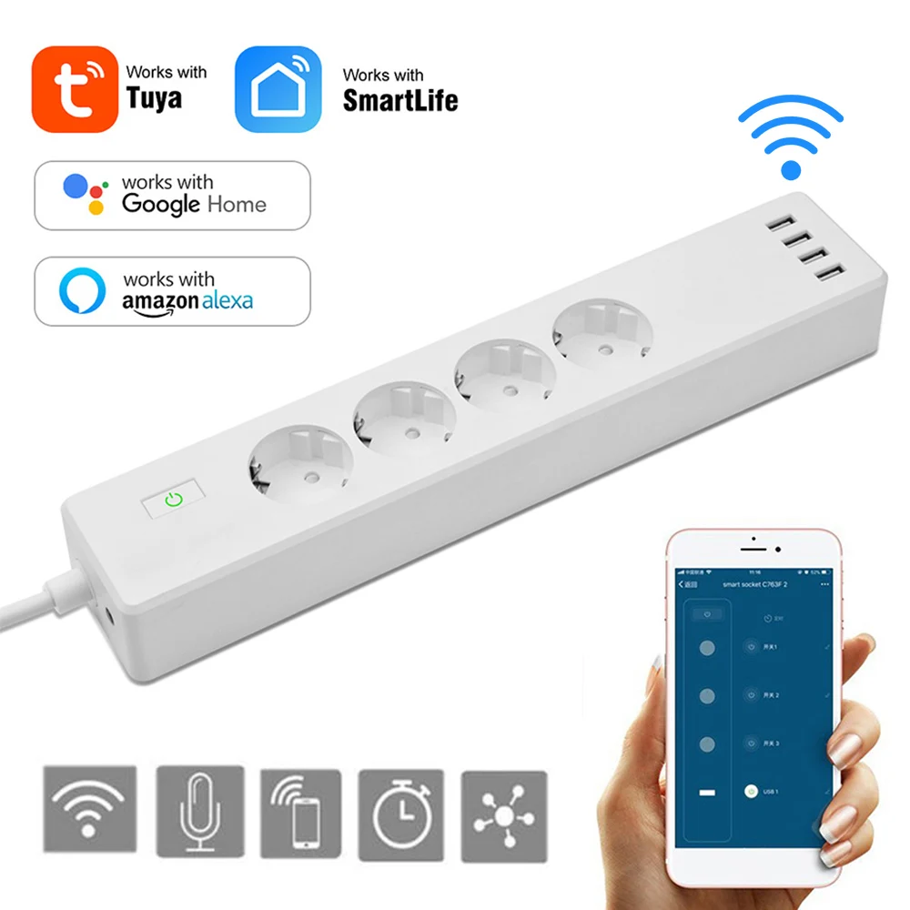 

WiFi Smart Power Strip 4 EU Outlets Plug with 4 USB Charging Port Timing App Voice Control Smart Plug for Alexa Home Assistant