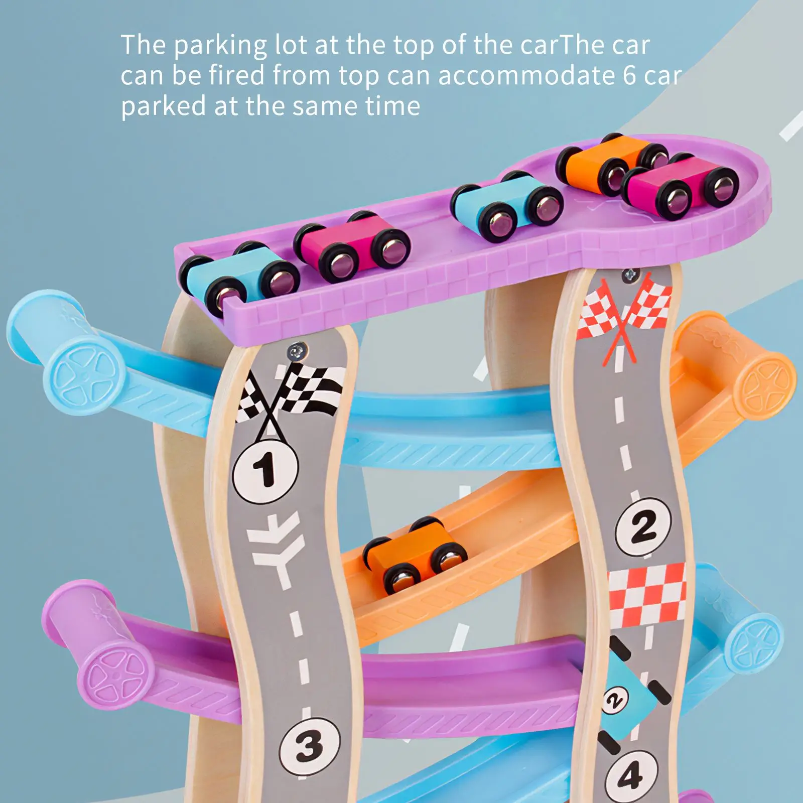 

6 Small Parking Lot Cars Track Toddler Toys For Children Boy Girl 6 Floors Racing Track Gliding Car Toys Wooden Car Ramp Toys