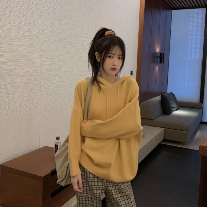 Small Man Loose Wearing Hooded Sweater Coat Autumn Soft Waxy Aging Long Sleeve Women's Wear | Женская одежда