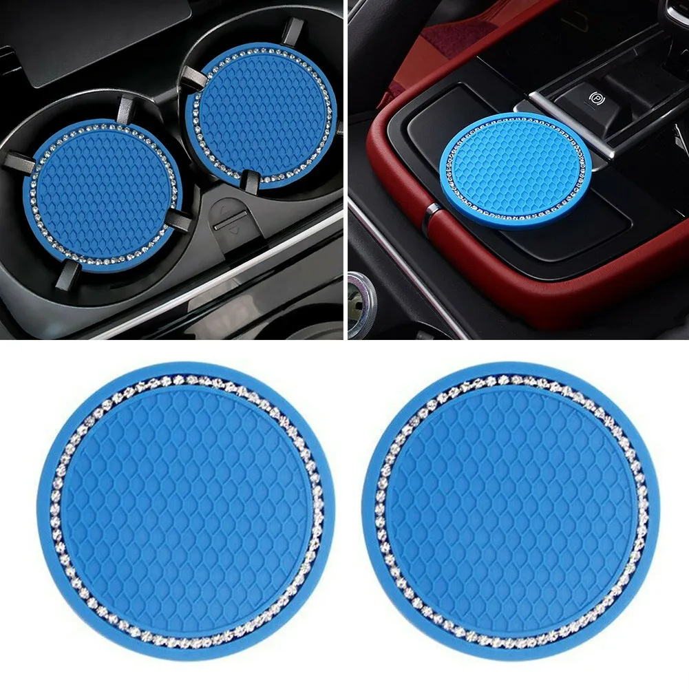 

2PCS Car Blue Bling Rhinestone Cup Holder Insert Coaster Accessories For Women Non-slip Mat Car Accessories For Water Cups
