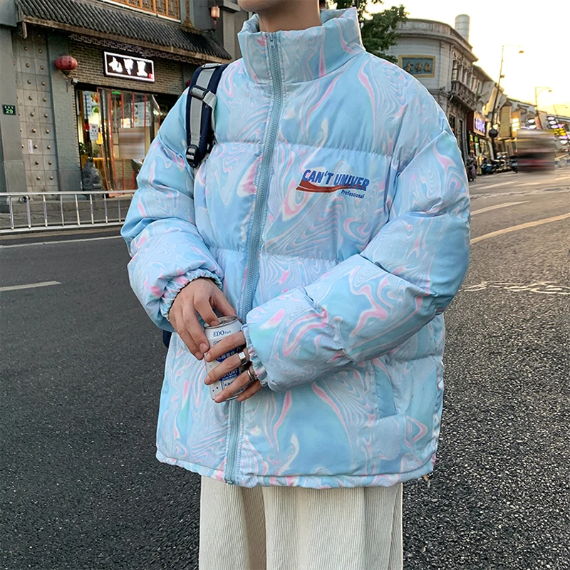 Water Pattern and Letter Print Puffer Jackets for Mens Winter Warm Clothing Plus Size Harajuku Streetwear Loose Fit Bubble Coats | Мужская