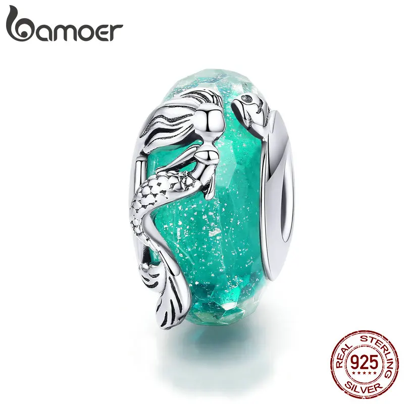 BAMOER стеклянные бусины, 925 пробы, серебро, Русалка, морской синий мурао, ручная работа, шарм, подходит для ожерелья, Женские Ювелирные изделия, высокое качество SCC1154