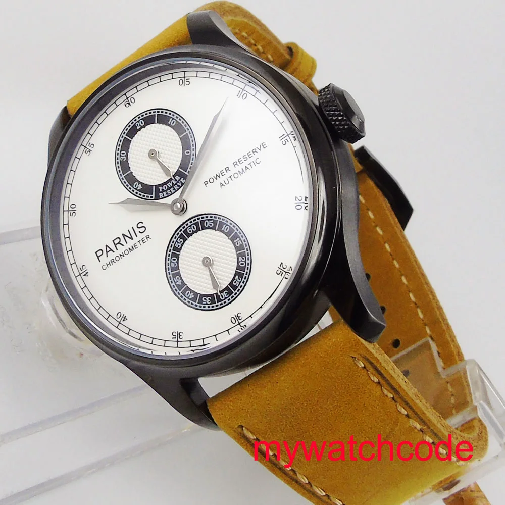 43 мм Parnis белый циферблат желтый кожаный ремешок индикатор запаса мощности ST2842
