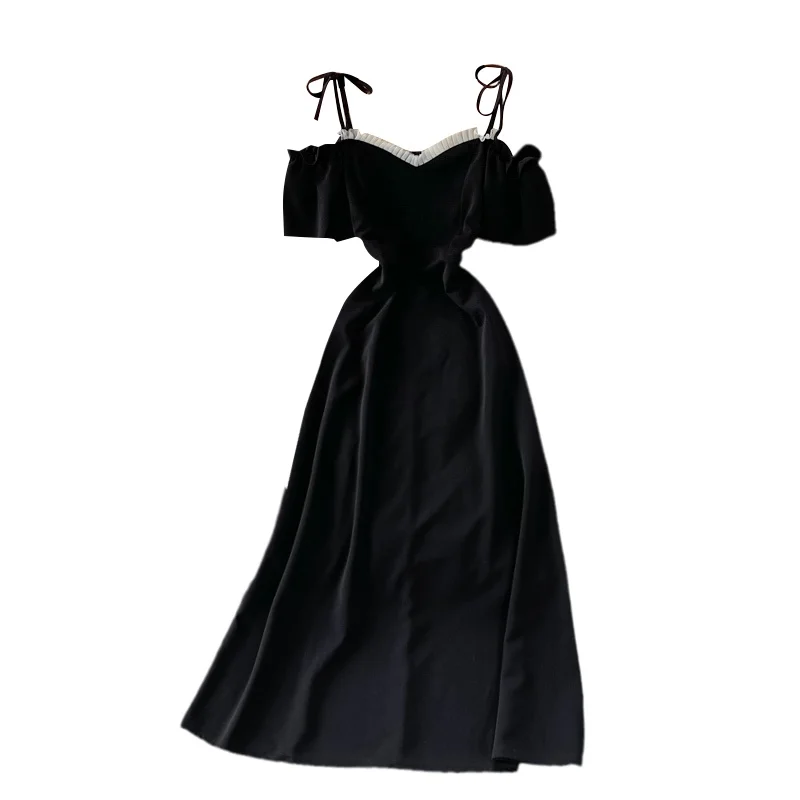 

Banquet toast dress long dress fashion elegant Korean Celebrity Spaghetti strap dress waist slim off shoulder dress short sleeve