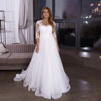elegant chic wedding dress plus size 34 sleeves bridal gown tulle and lace a line robe de soriee femme with sashes button back
