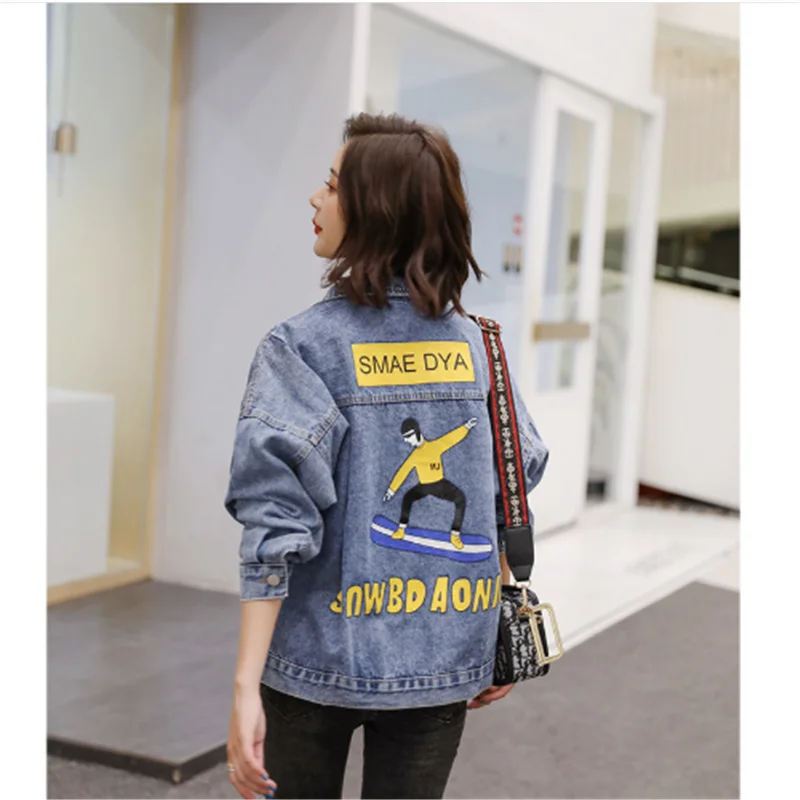 

Loose Regual Fashion Denim Jacket Plus Size 2019 Blue Spring Print Denim Jacket Women