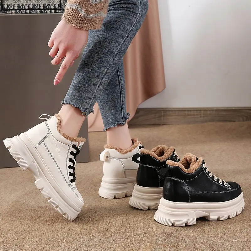 

2020 New Women Casual Shoes Breathable Ladies Sneakers High-top Faux Fur Warm Sneakers Lace-up Platform Shoes Women