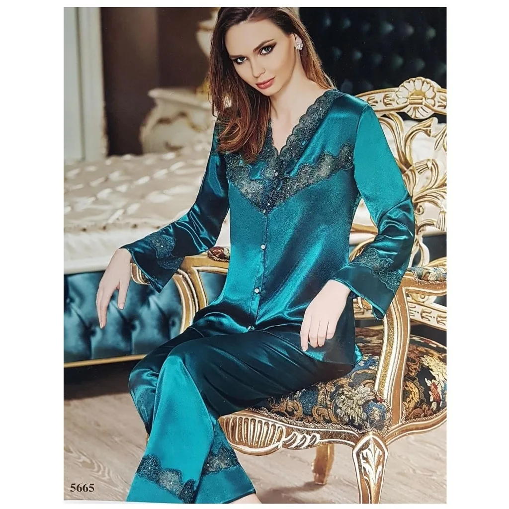 Женский пижамный комплект Ночная Рубашка шелковая атласная кружевная удобная