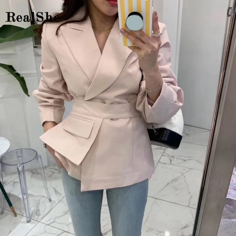RealShe женские блейзеры и куртки отложной воротник длинный рукав пояс Однотонный