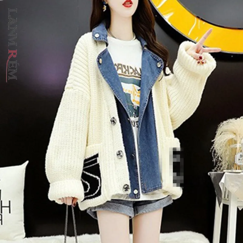 

LANMREM 2021 Autumn Winter New Denim Patchwork Knitted Cardigan Female Long Sleeve Sweater Outwear Women's Fashion 2W1789