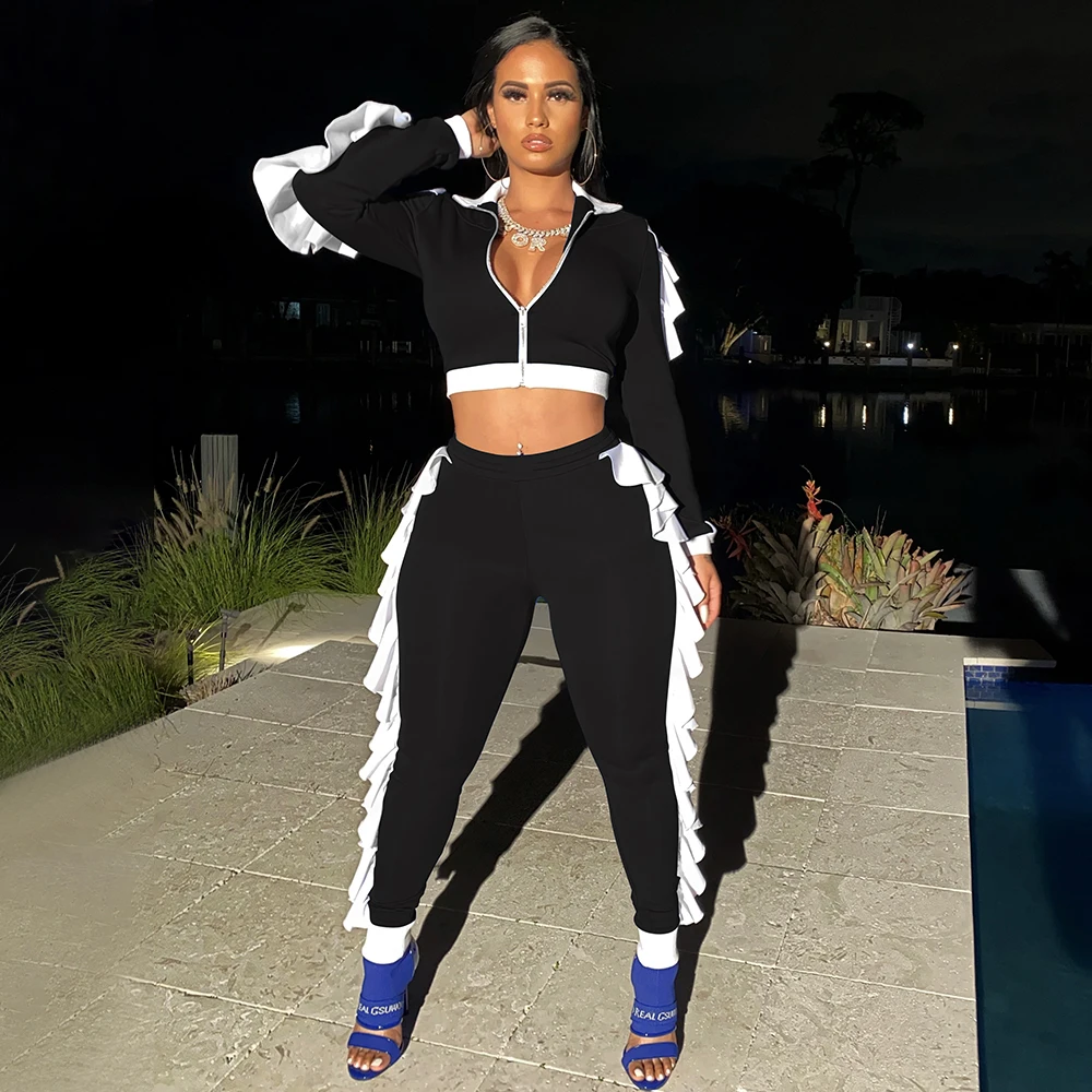 

hirigin Autumn Women 2 Piece Set Women Clothes Long Sleeve Zip Jackets Coat Crop Top + Long Pants Set Tracksuit Club Sports wear