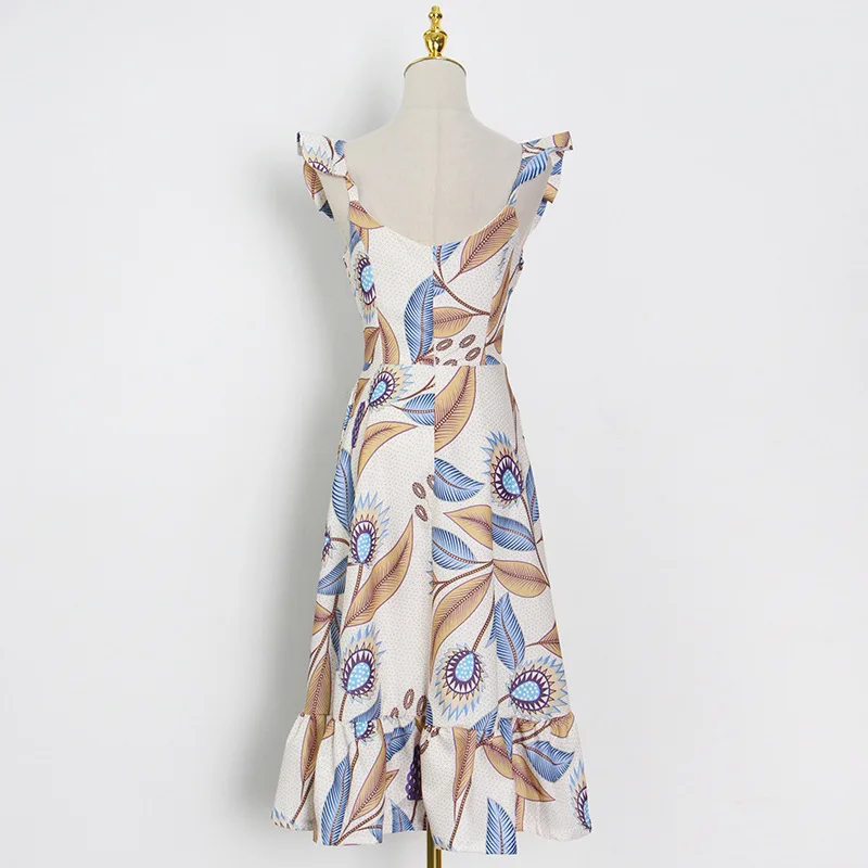 

French Vintage Printed Dress for Women 2021 Summer Temperament V-neck Ruffles Stitching Simple Midi Dress Office Lady Vestidos