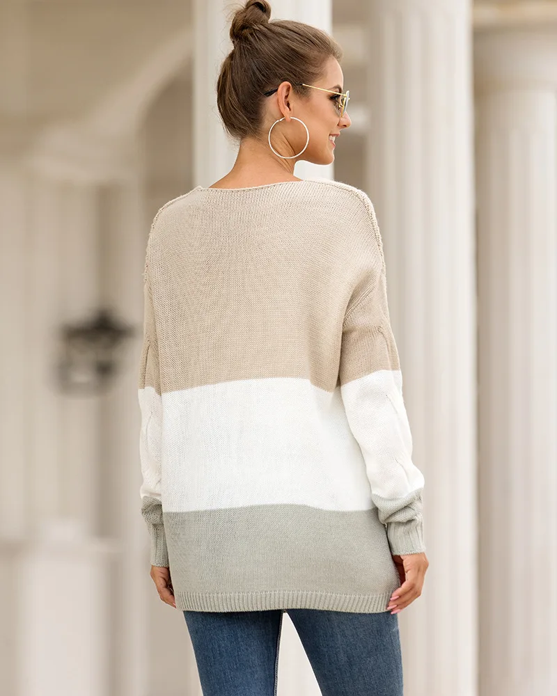 2019 New Foreign Trade Women's Wear Blockbuster Knitted V-collar shoulder twist matching color Pullover Sweater in | Женская одежда