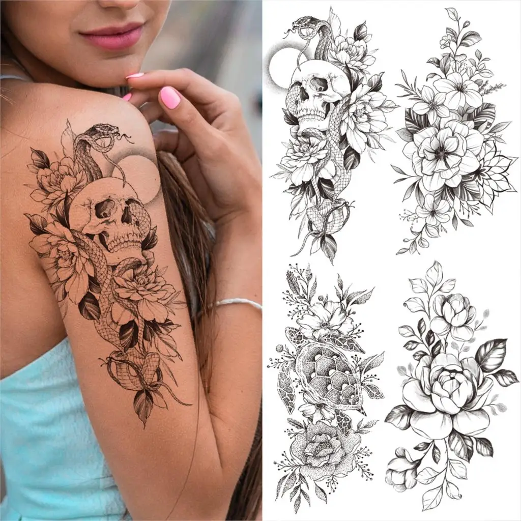 

Skull Dahlia Temporary Tattoos For Women Men Mamba Snake Flower Turtle Fake Tatoos Washable Half Sleeve Arm Tattoo Sticker