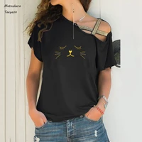 lovely cat printing short sleeve summer graphic oblique neck tops for girls harajuku oversized clothes woman tee