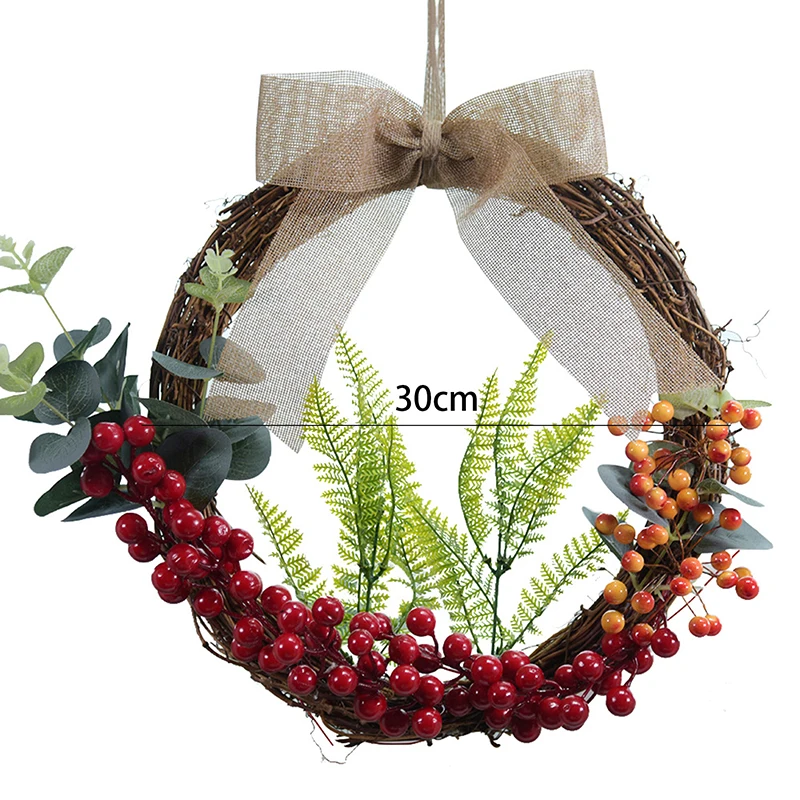 

Новый рождественский искусственный венок с красными ягодами, половинчатый бант с зелеными листьями, подвесное кольцо с цветами, украшение ...