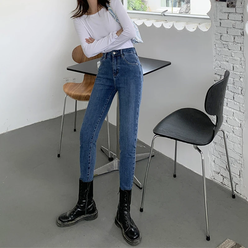 Женские винтажные растягивающиеся джинсы-карандаш с высокой талией 2021 пуговиц