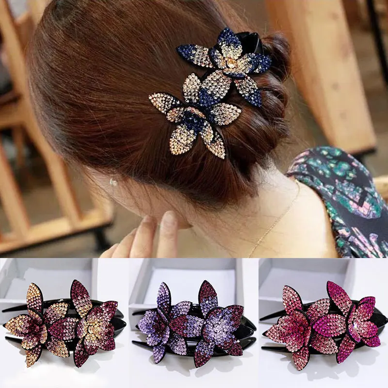 

Rhinestone Double Flower Hair Clip Hair Crystal Peals Hair Combs Female Elegant Duckbill Clip Handmade Fashion Hair Accessories