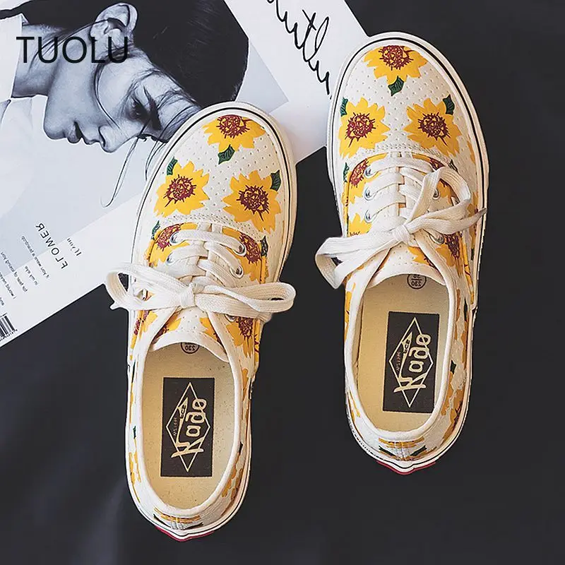 Холщовые туфли на плоской подошве осенние женские кроссовки с подсолнухом для