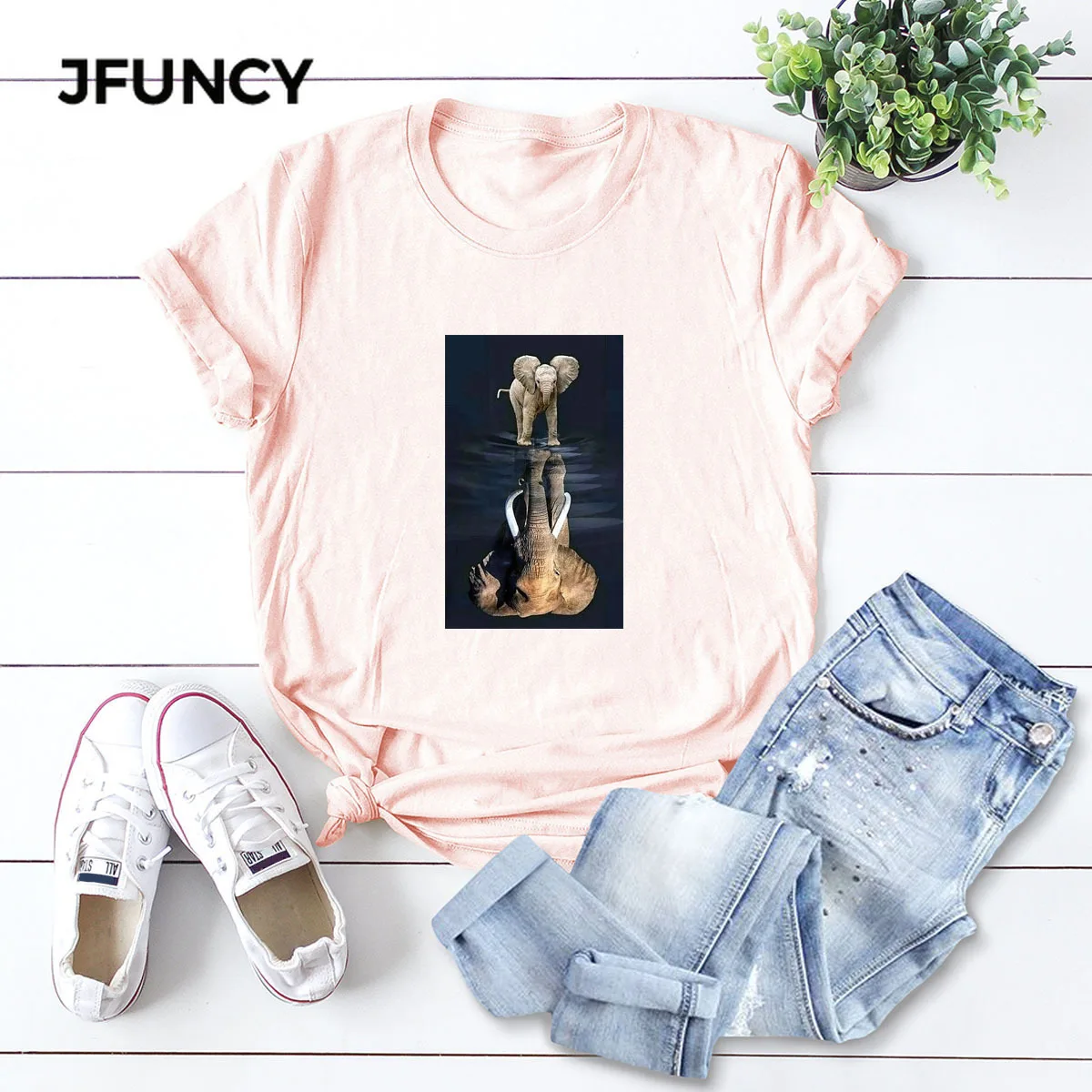 JFUNCY  Women Tops Oversize Short Sleeve Lady Tshirt Elephant Print Casual Woman Cotton T-shirt Summer Female Tee Shirt