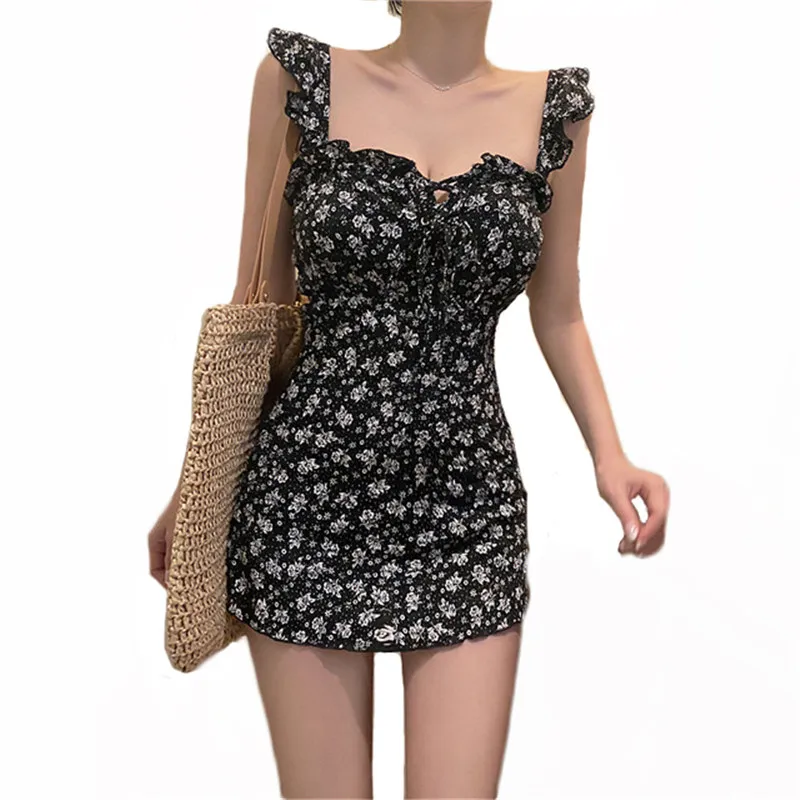 

Print Swimsuit Women 2021 Sweet Sling Slim Push Up Swimwear Ruffle Sleeve Bandage One-piece Dress Halter Swimsuit Female LR1179