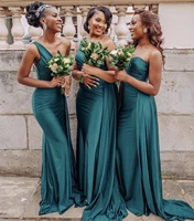 green one shoulder mermaid bridesmaid dress sweep train simple african country wedding guest gowns plus size maid of honor dress
