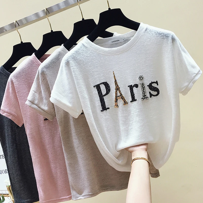 

Tee Shirt Femme 2022 Summer Tops Beading Letter T-Shirt Women T Shirt Female Short Sleeve Korean Fashion Tshirt Woman Clothes