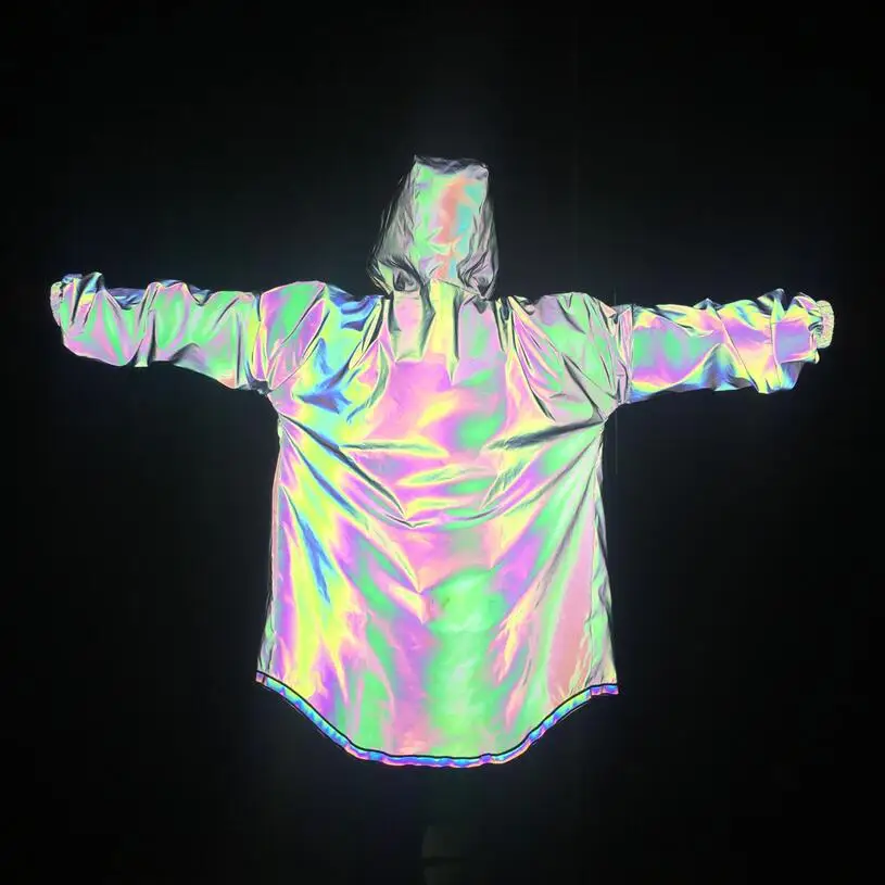 

2020 men dazzle colour reflective paragraph dust coat grows irregular adolescent hip hop cape seven color reflective coat
