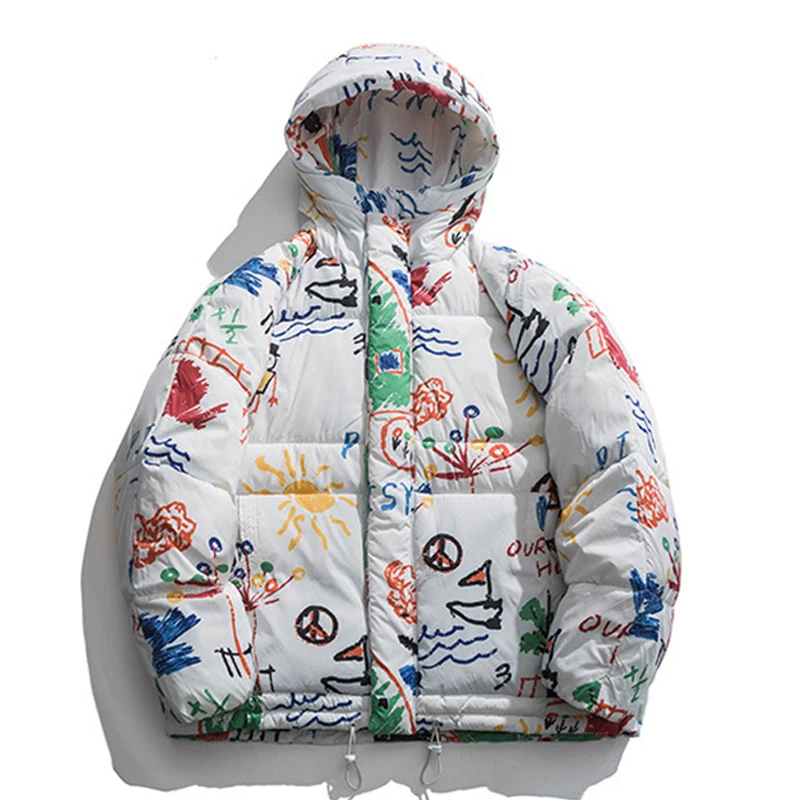

Парка мужская зимняя с капюшоном, утепленная куртка с мультяшным принтом граффити, повседневная верхняя одежда в японском стиле Харадзюку, большие размеры