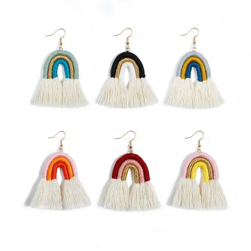 

Cotton Thread Wrapped Rainbow Earrings Bow Tassel Earrings